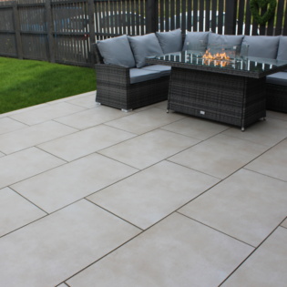 Grey Dusk Porcelain Paving Patio with L Shape Seating and Fire Pit